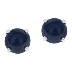 Dark Blue Sapphire Round Cabochon Stud Earrings Made in 14 Karat White Gold