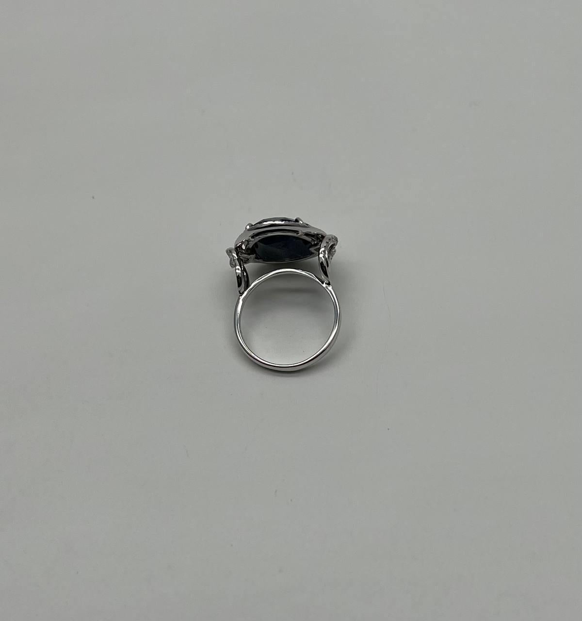 Dark Blue Sapphire Slice Cab Diamond Halo Set 14K White Gold Statement Ring For Sale 5