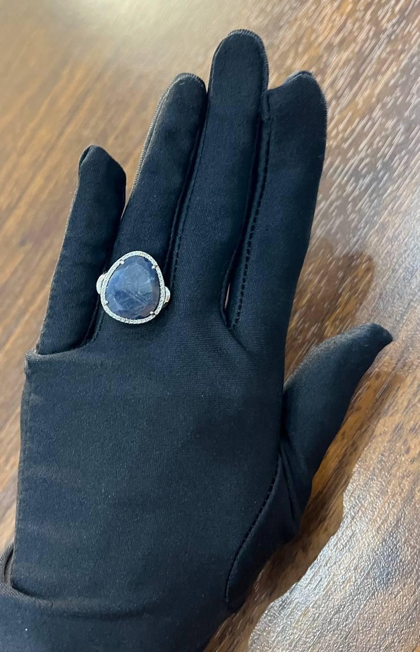 Dark Blue Sapphire Slice Cab Diamond Halo Set 14K White Gold Statement Ring For Sale 6