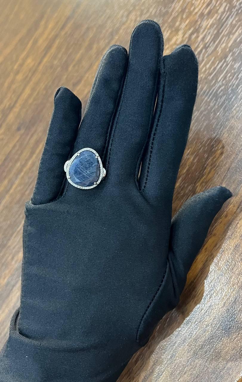 Dark Blue Sapphire Slice Cab Diamond Halo Set 14K White Gold Statement Ring For Sale 7