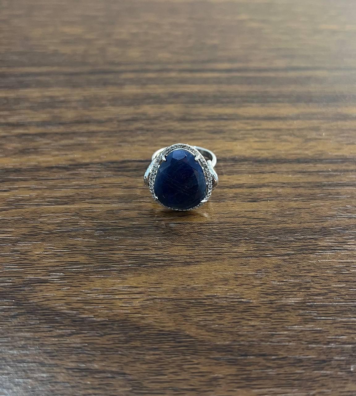 Pear Cut Dark Blue Sapphire Slice Cab Diamond Halo Set 14K White Gold Statement Ring For Sale