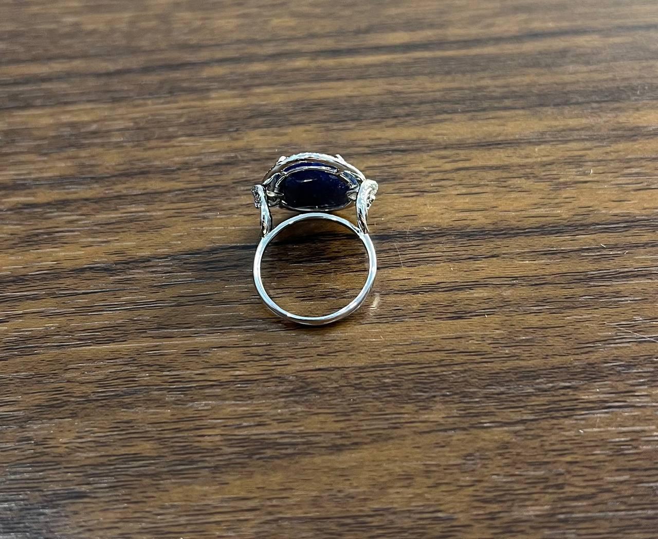 Dark Blue Sapphire Slice Cab Diamond Halo Set 14K White Gold Statement Ring In New Condition For Sale In Oakton, VA