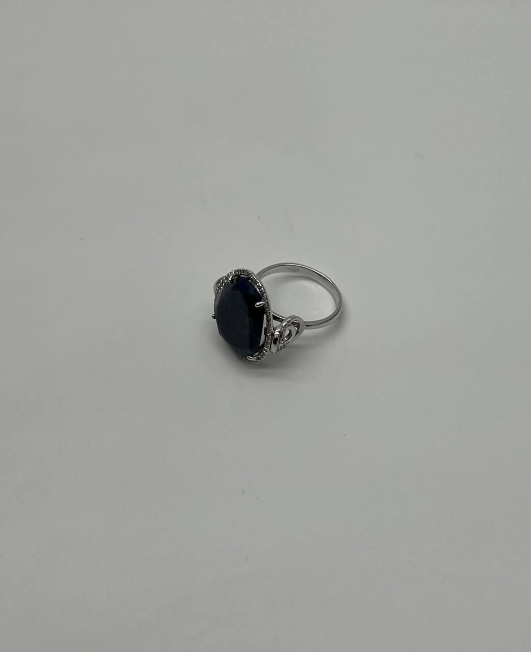 Dark Blue Sapphire Slice Cab Diamond Halo Set 14K White Gold Statement Ring For Sale 1
