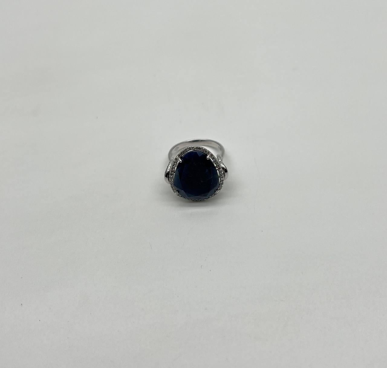Dark Blue Sapphire Slice Cab Diamond Halo Set 14K White Gold Statement Ring For Sale 2