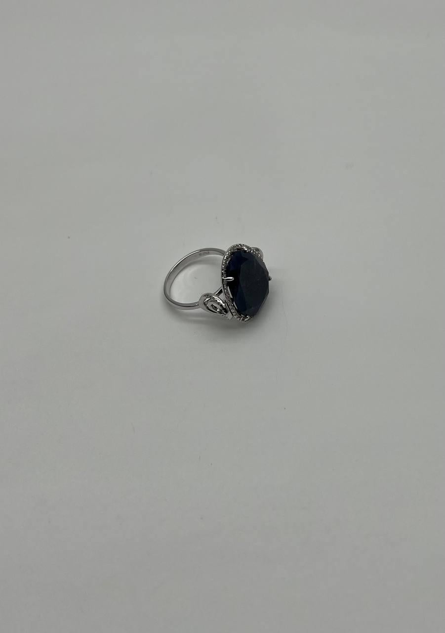 Dark Blue Sapphire Slice Cab Diamond Halo Set 14K White Gold Statement Ring For Sale 3