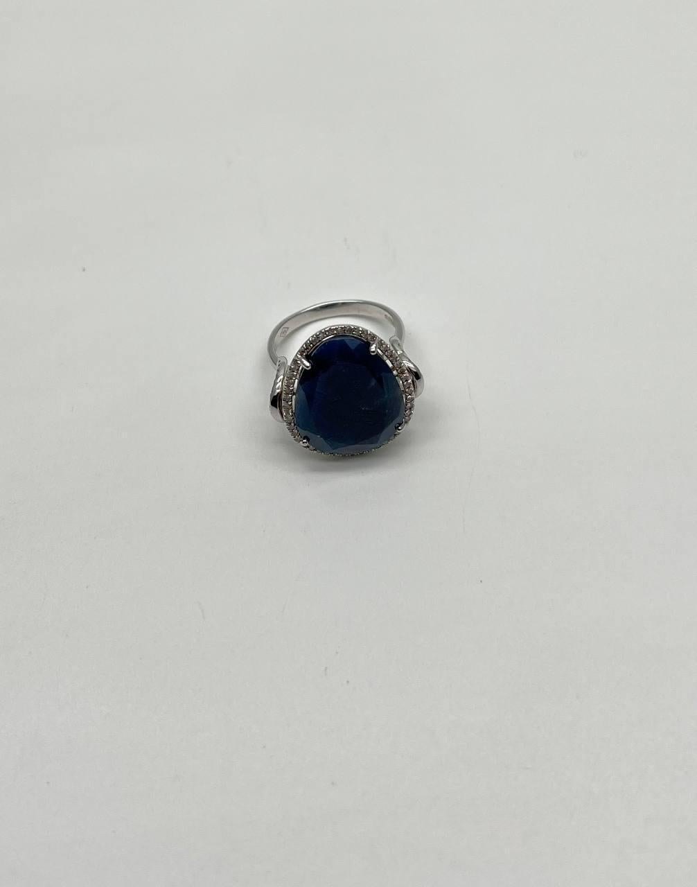 Dark Blue Sapphire Slice Cab Diamond Halo Set 14K White Gold Statement Ring For Sale 4