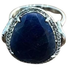 Dark Blue Sapphire Slice Cab Diamond Halo Set 14K White Gold Statement Ring For Sale
