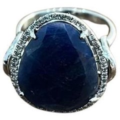 Dark Blue Sapphire Slice Cab Diamond Halo Set 14K White Gold Statement Ring