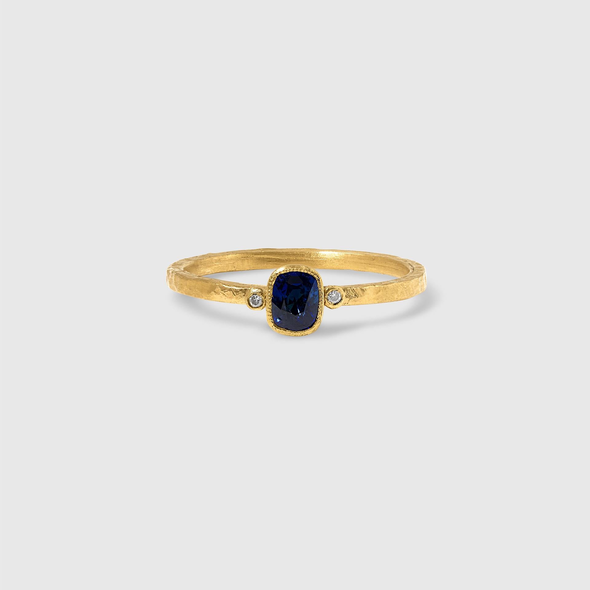 24kt Solid Gold Ring with Dark Blue Sapphire and Diamonds by Prehistoric Works of Istanbul, Turkey. Size 8 US