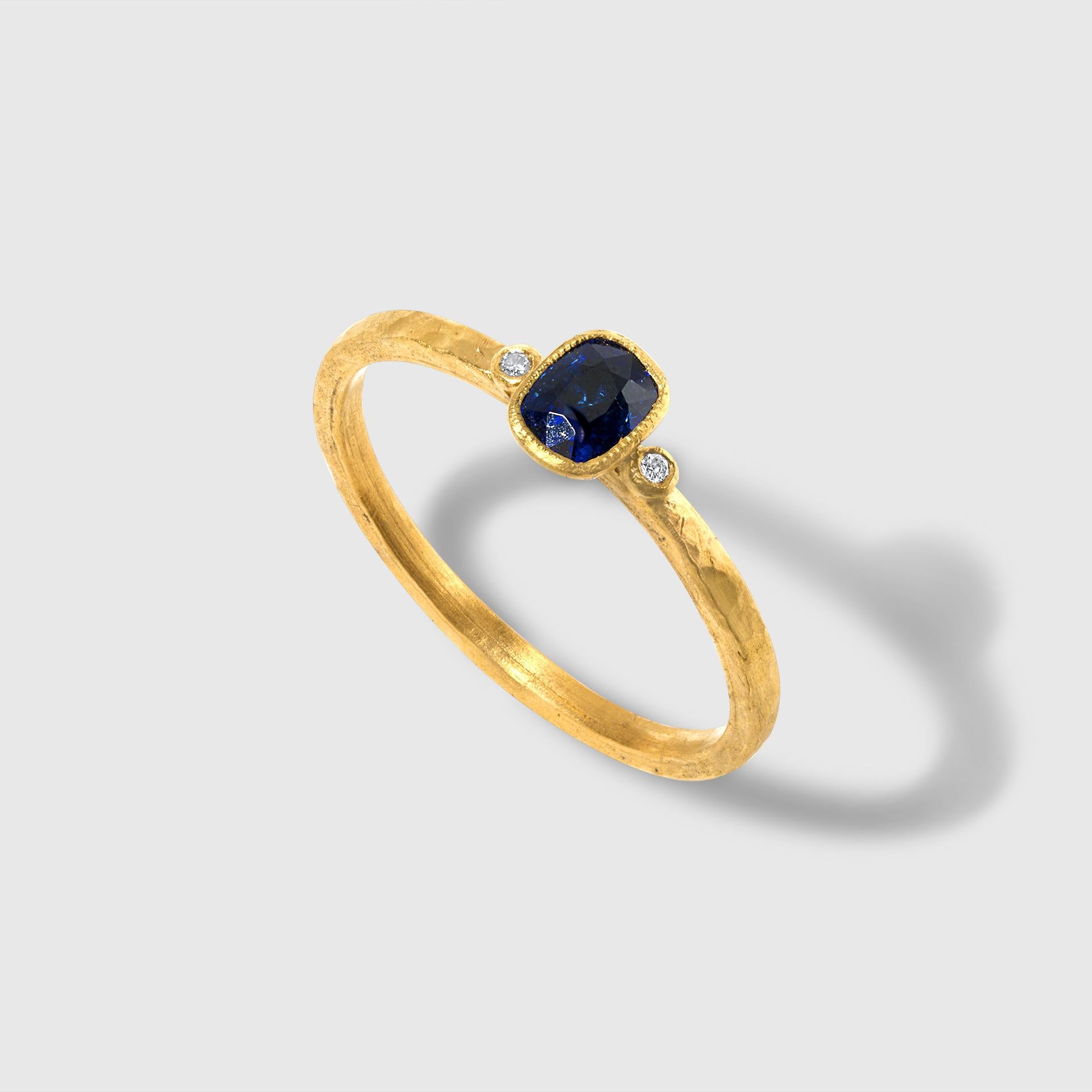Dark Blue Sapphire Stacker Ring with Diamonds, 24kt Gold In New Condition In Bozeman, MT