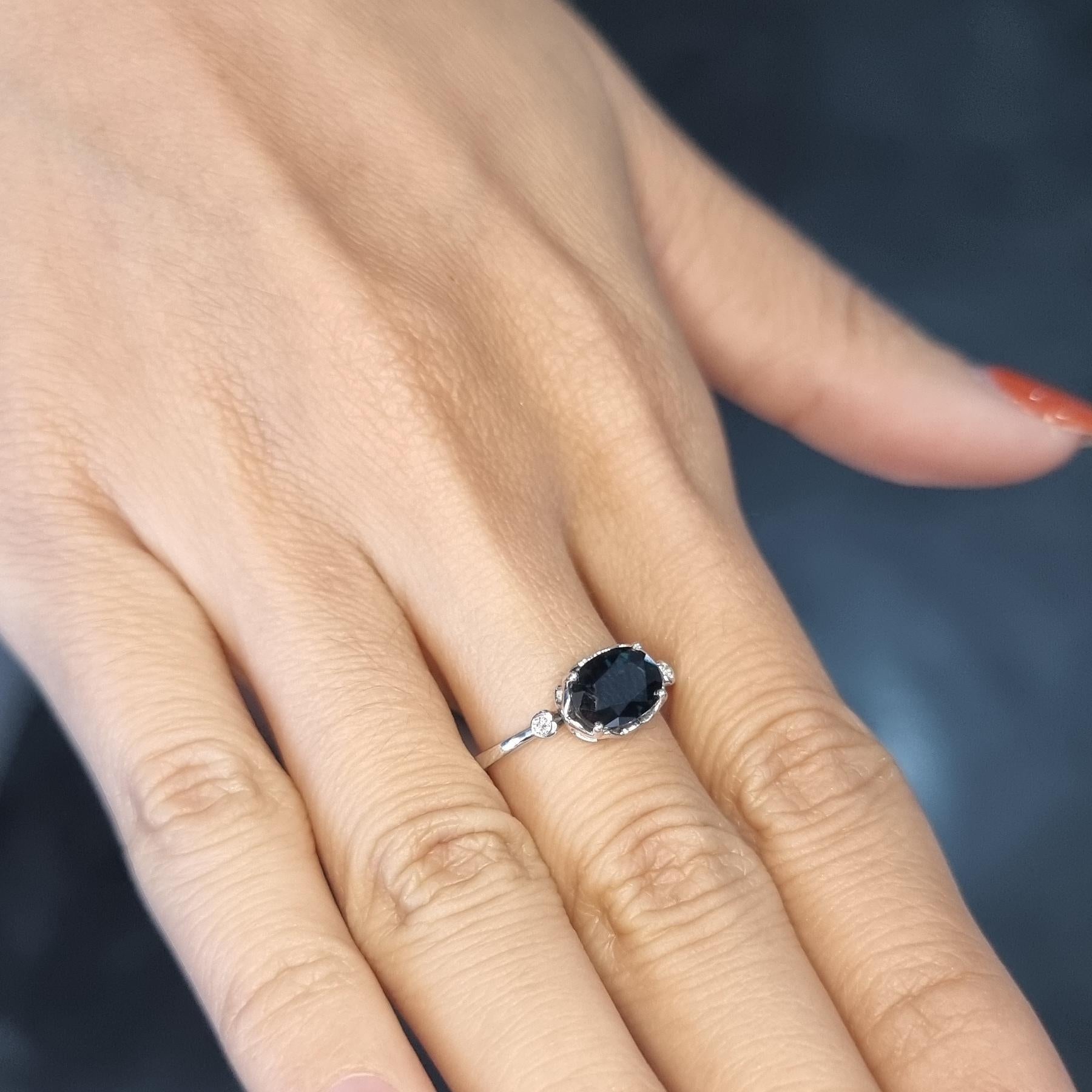 Women's Dark Blue Sapphire White Diamonds and 14K White Gold Ring For Sale