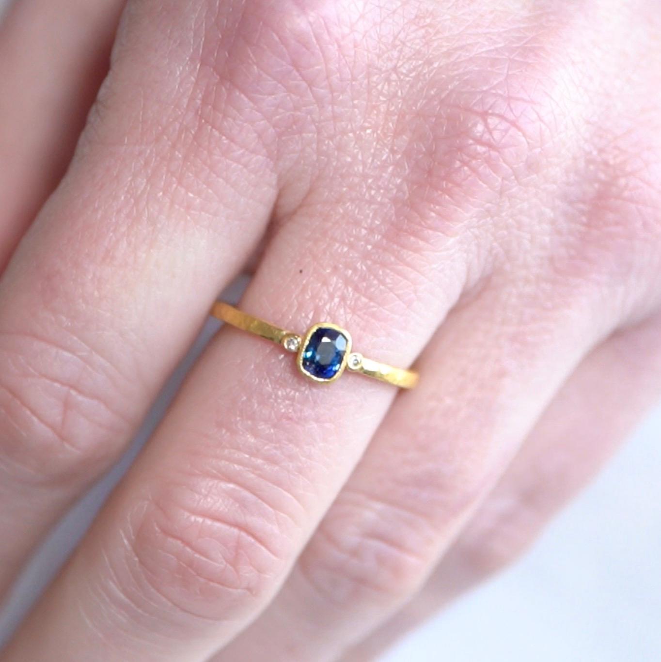 Contemporary Dark Blue Sapphire Stacker Ring with Diamonds, 24kt Gold