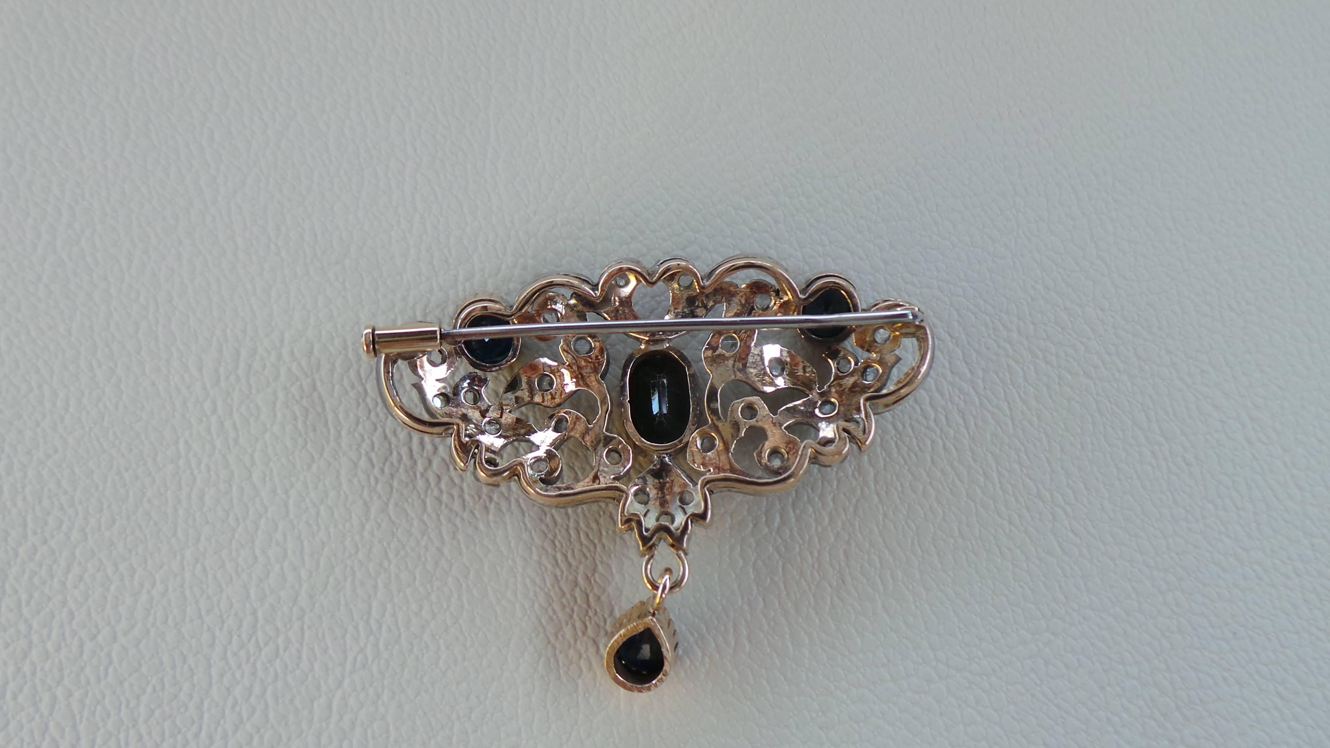 Art Deco Dark Blue Sapphires 1.51K Rose Cut Diamonds 0.30K Florentine Style Brooch For Sale