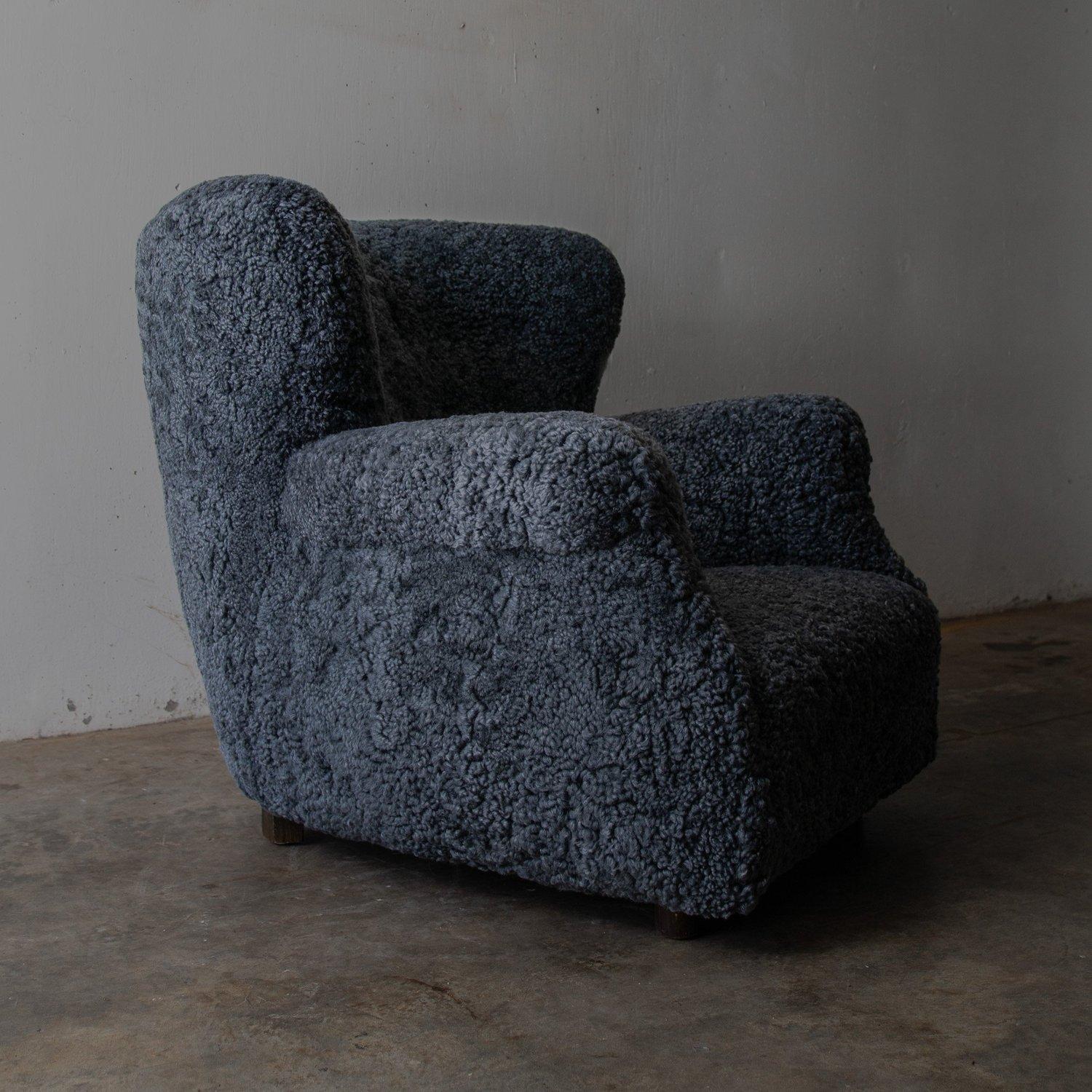 Danish Dark Blue Shearling Lounge Chair, Denmark 1930's