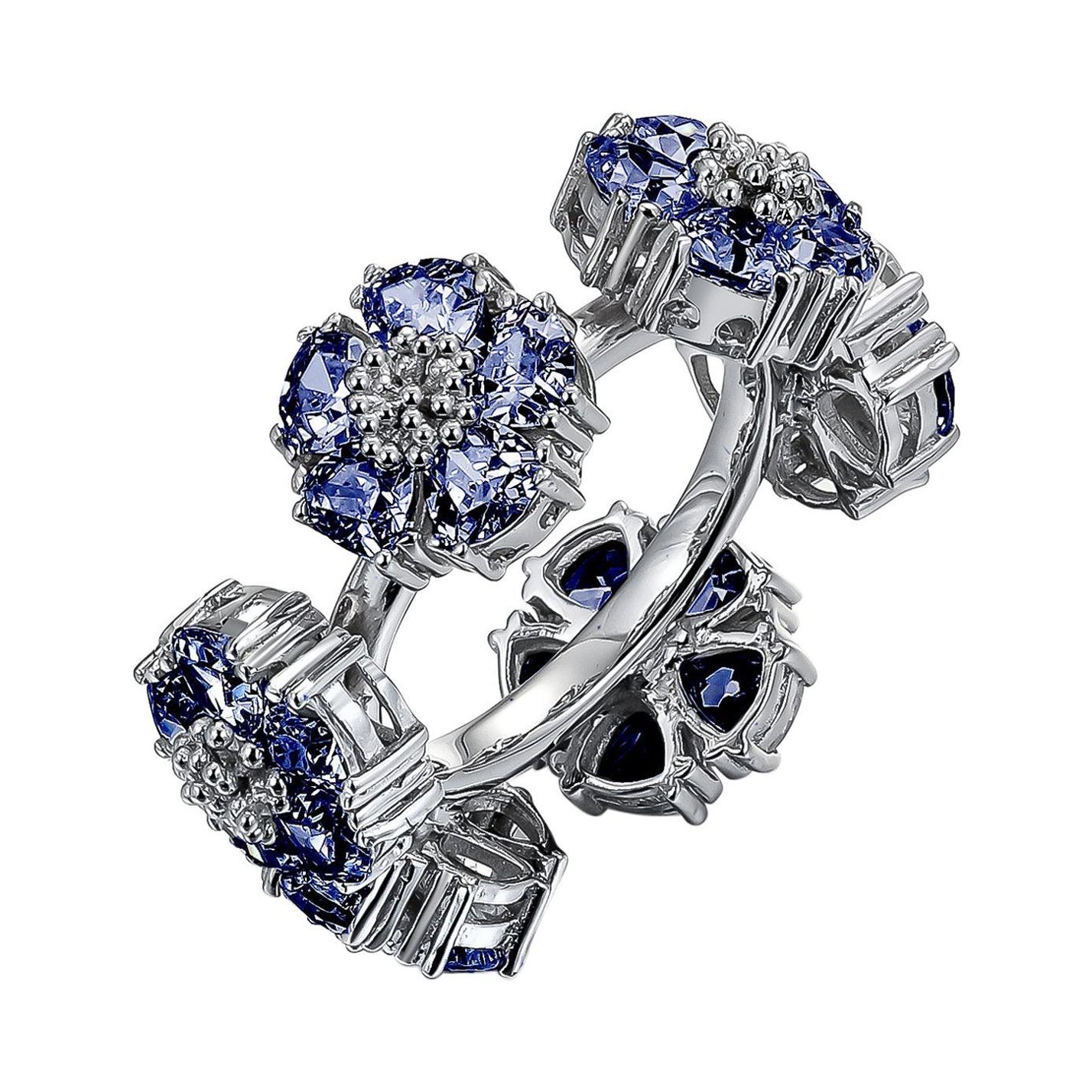 For Sale:  Dark Blue Topaz Blossom Gemstone Wraparound Ring