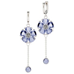 Dark Blue Topaz Blossom Stone Small Hoop Chain Earrings