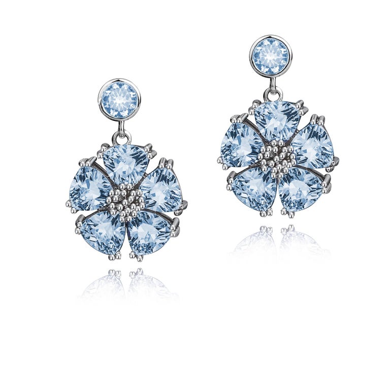 Dark Blue Topaz Single Blossom Stone Drop Earrings For Sale at 1stDibs