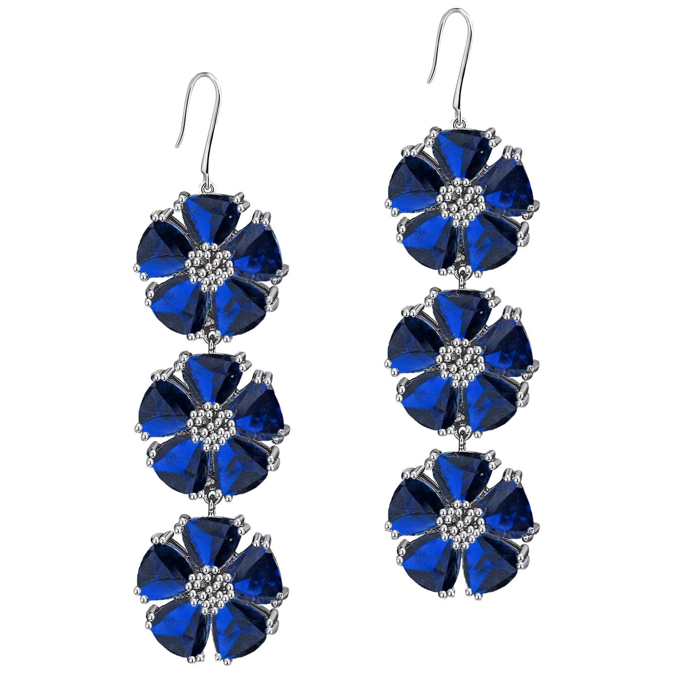 Dark Blue Topaz Triple Blossom Stone Bling Earrings For Sale