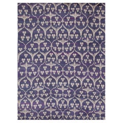 Dark Blue Transitional Hand-Knotted Sustainable Natural Silk Rug in Stock