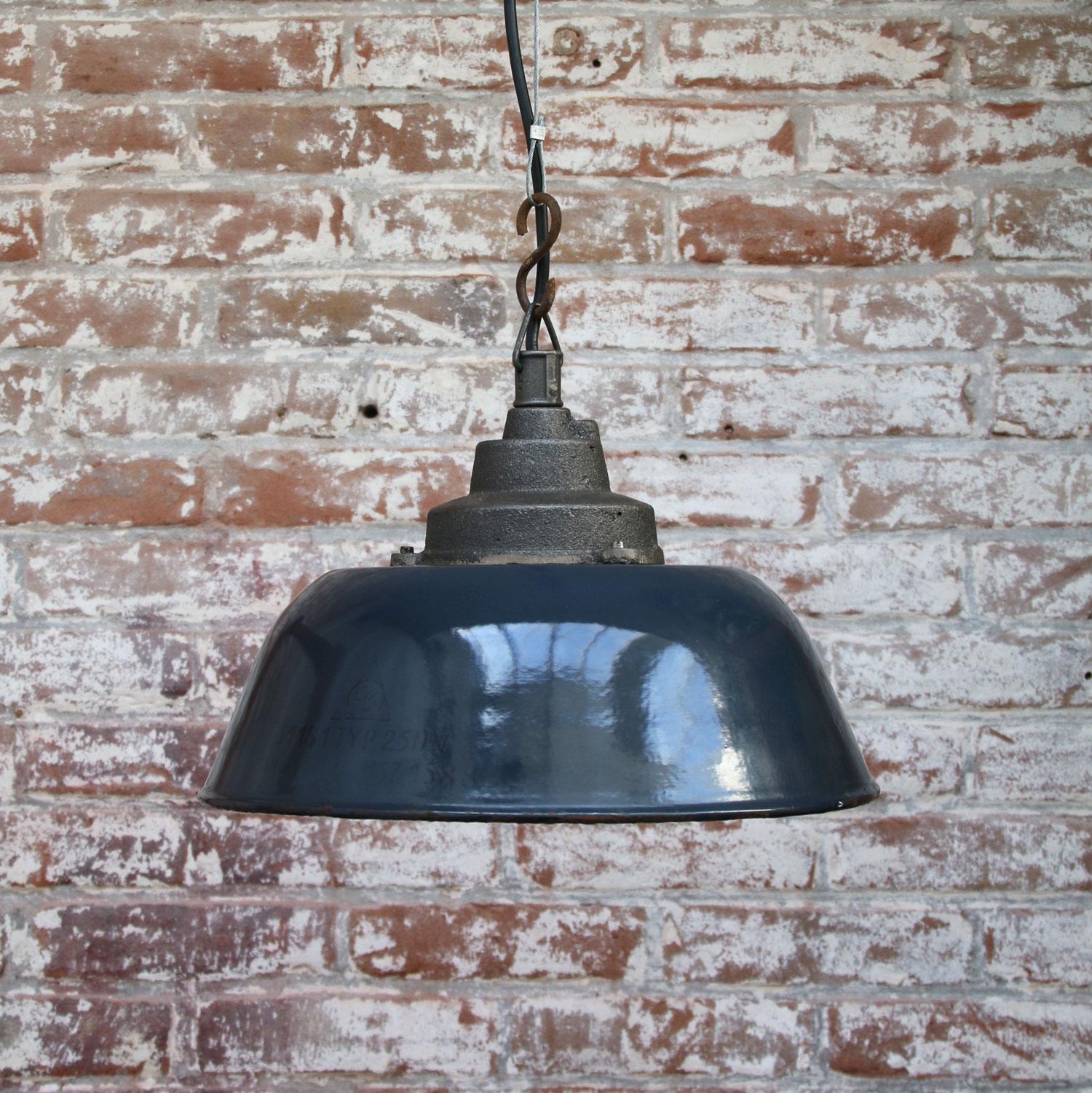 Dark Blue Vintage Industrial Factory Pendant Cast Iron Top  In Good Condition In Amsterdam, NL
