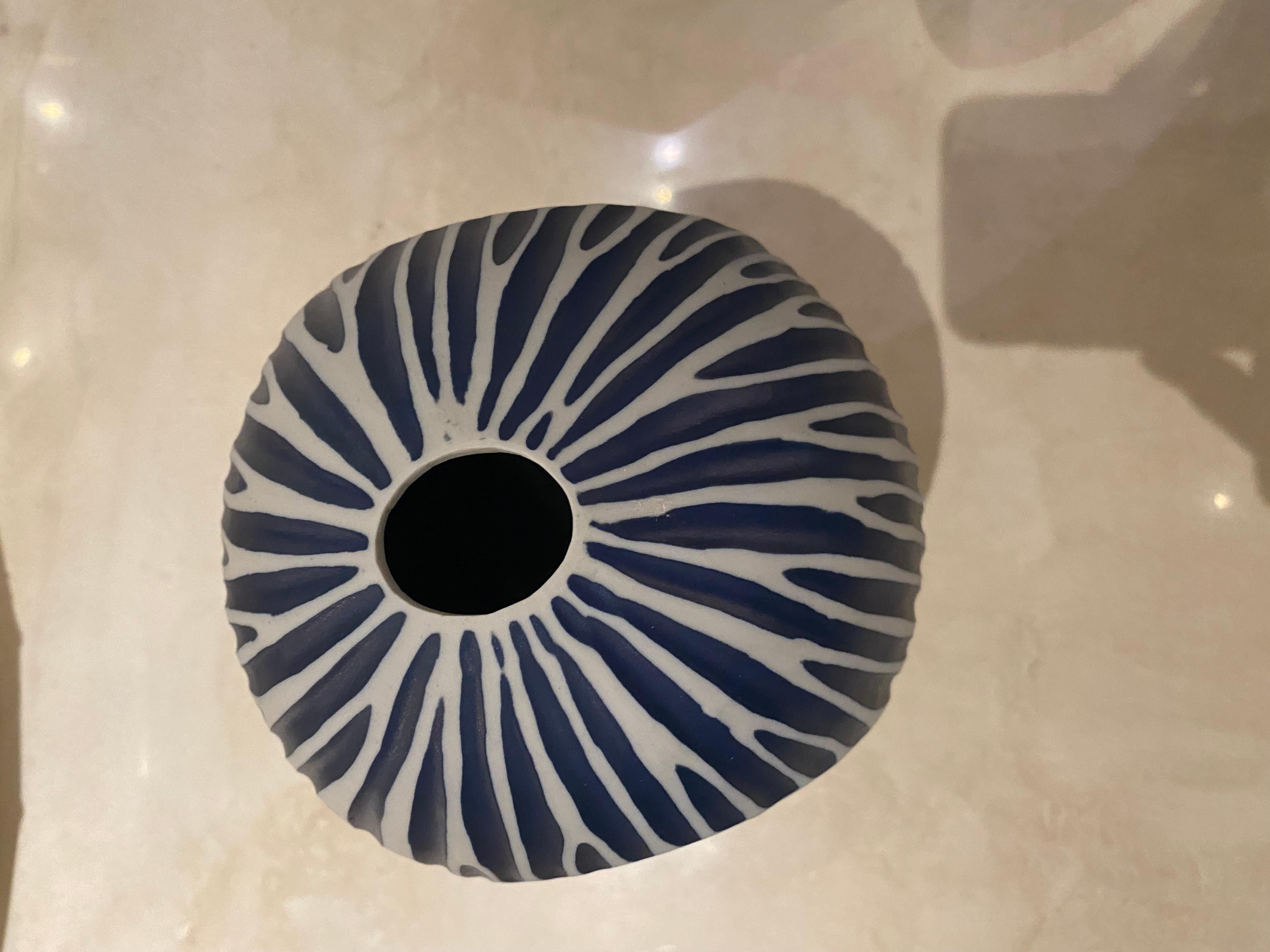 Dark Blue & White Stripe Hole in the Middle Vase, Thailand, Contemporary In New Condition In New York, NY