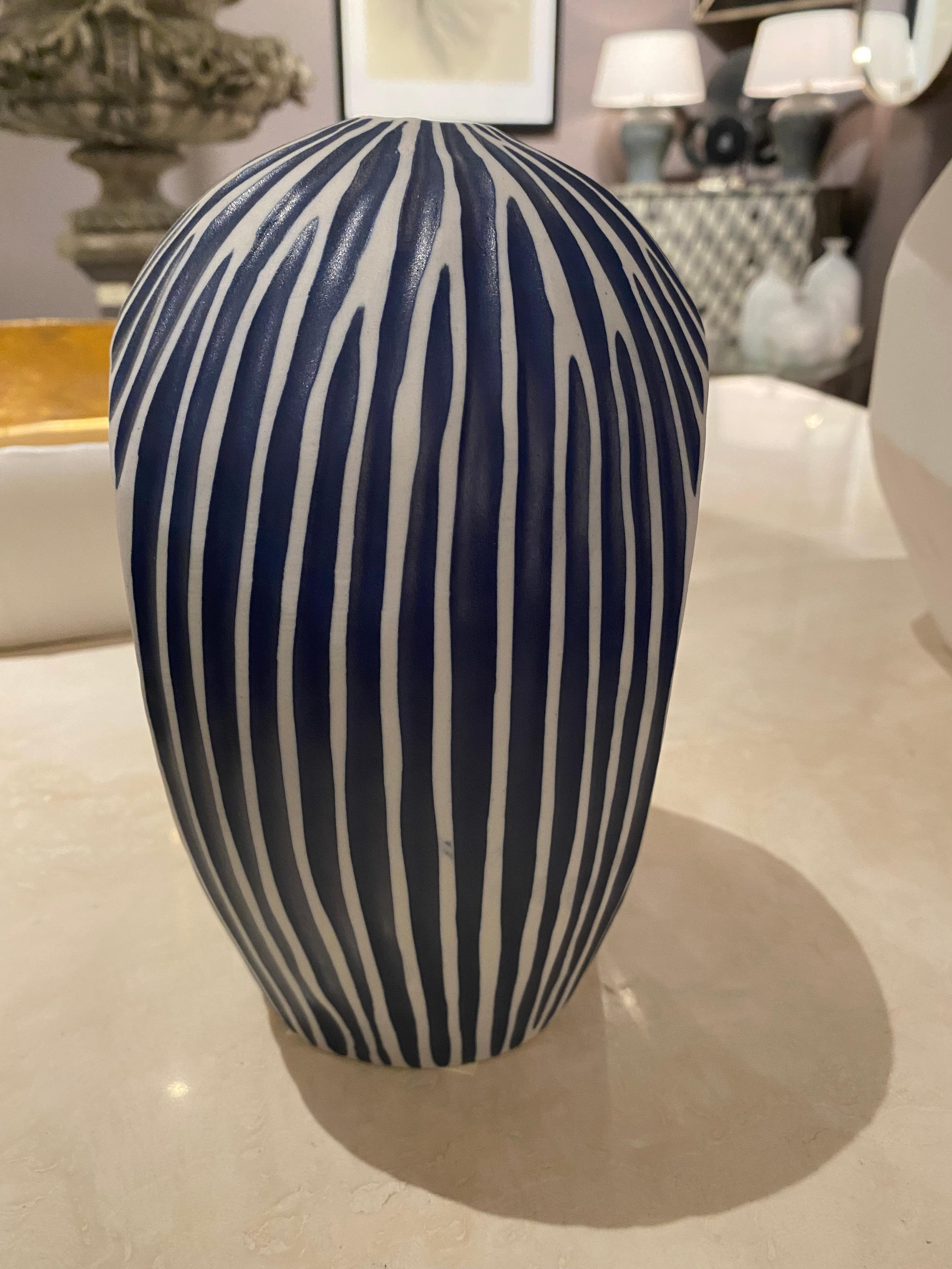 Ceramic Dark Blue & White Stripe Hole in the Middle Vase, Thailand, Contemporary