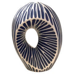 Dark Blue & White Stripe Hole in the Middle Vase, Thailand, Contemporary