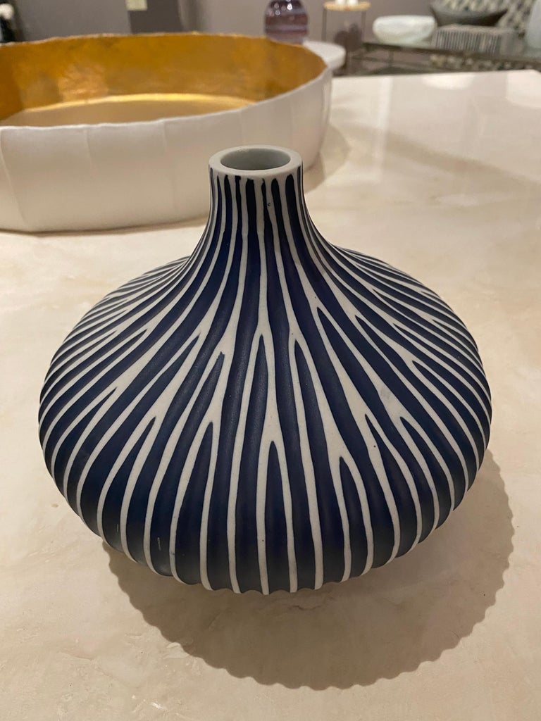Dark Blue and White Stripe Squat Vase, Thailand, Contemporary at