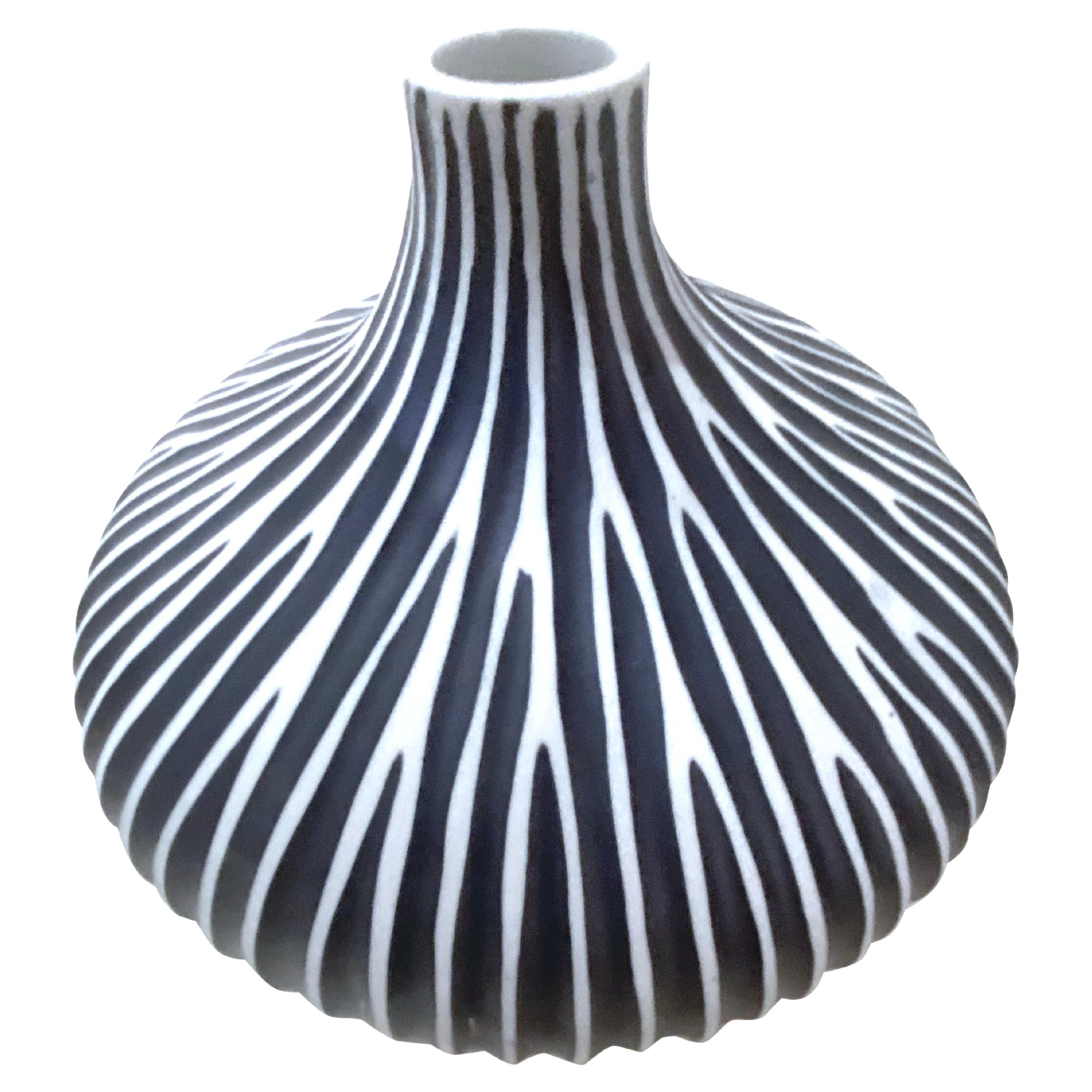Dark Blue and White Stripe Squat Vase, Thailand, Contemporary at