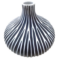 Dark Blue & White Stripe Squat Vase, Thailand, Contemporary