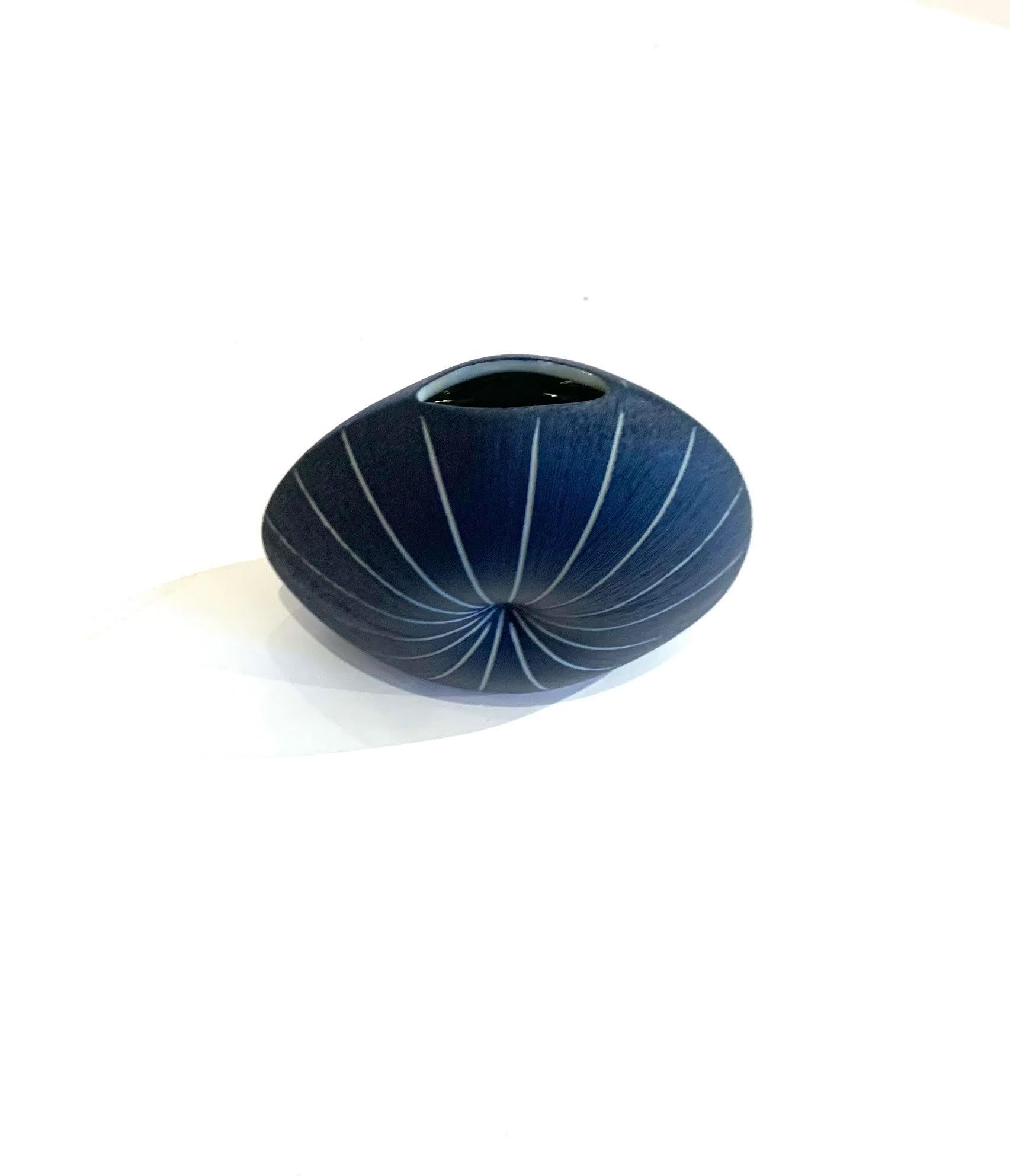 Dark Blue & White Striped Round Small Vase, Thailand, Contemporary In New Condition In New York, NY