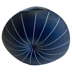 Dark Blue & White Striped Round Small Vase, Thailand, Contemporary