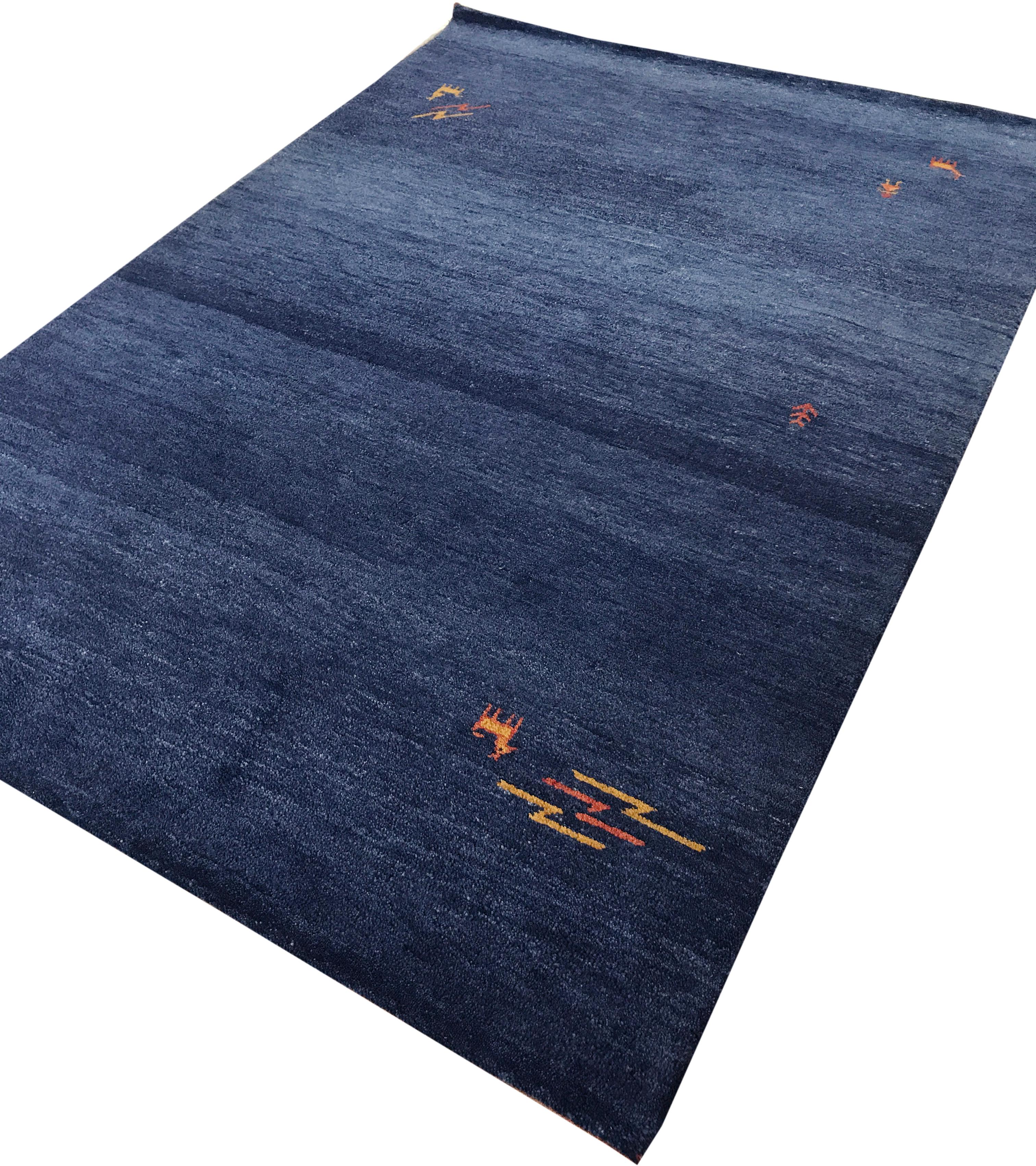 Indian Dark Blue Wool Gabbeh Style Area Rug with Tribal Elements
