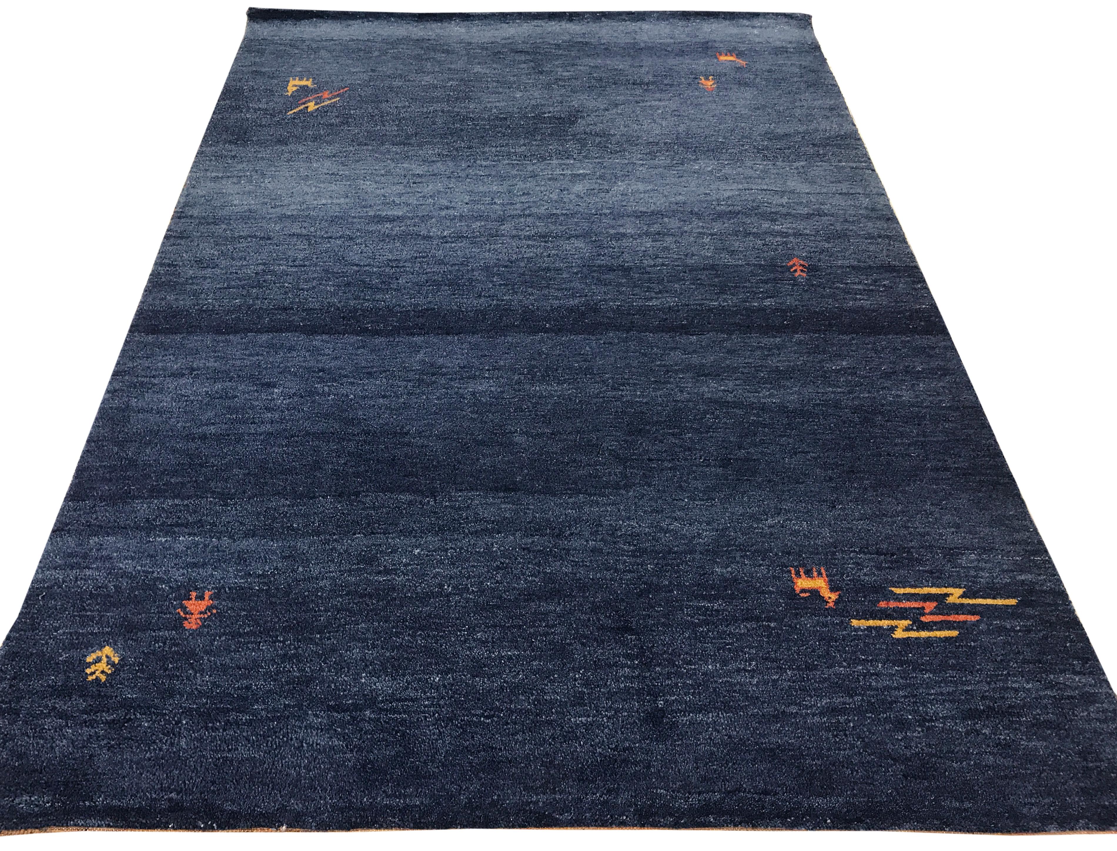 Hand-Knotted Dark Blue Wool Gabbeh Style Area Rug with Tribal Elements