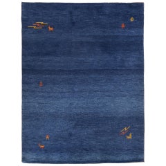 Dark Blue Wool Gabbeh Style Area Rug with Tribal Elements