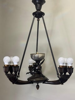 Dark Bronze and Alabaster Sculptural Art Deco Chandelier, 1920s