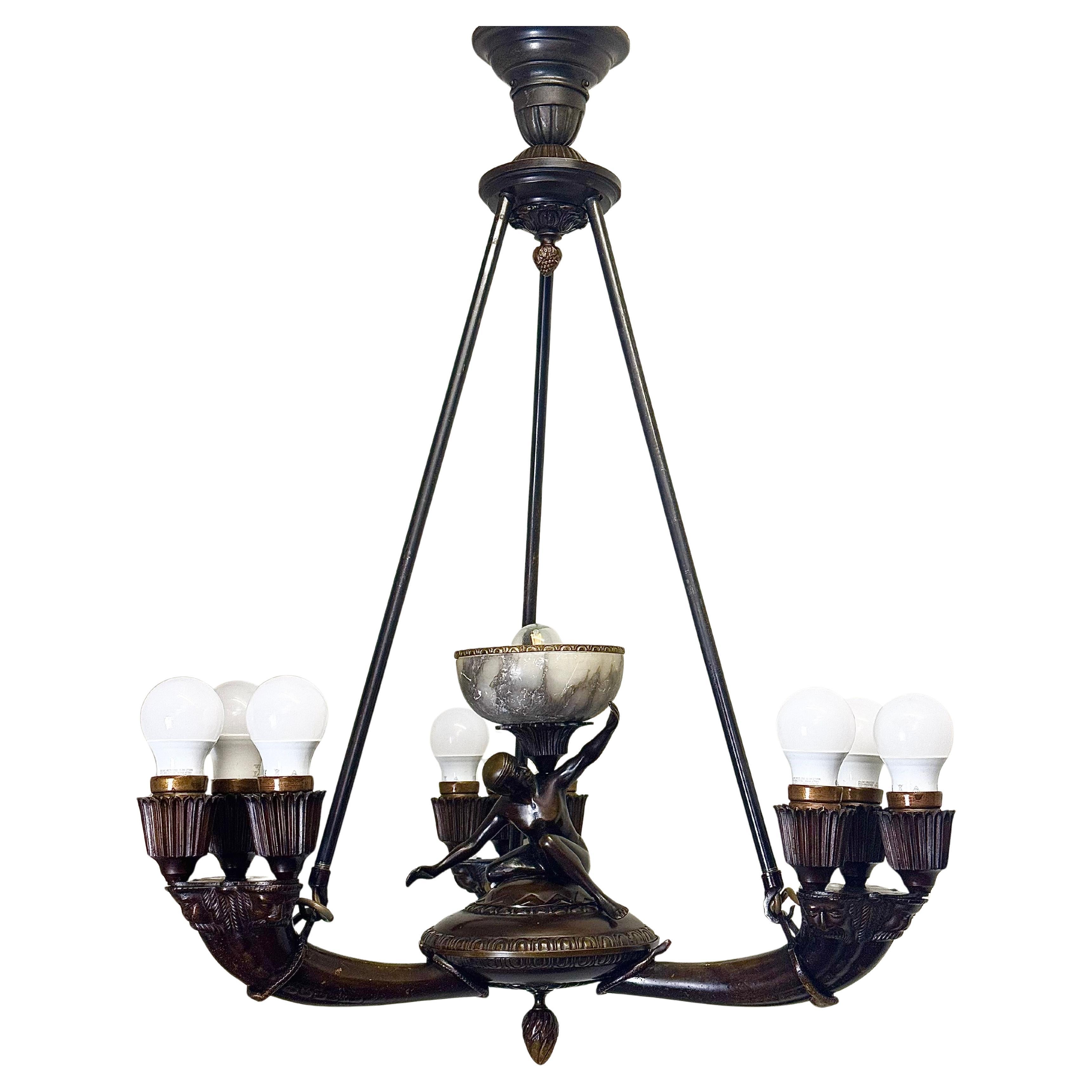 Dark Bronze and Alabaster Sculptural Art Deco Chandelier, 1920s For Sale