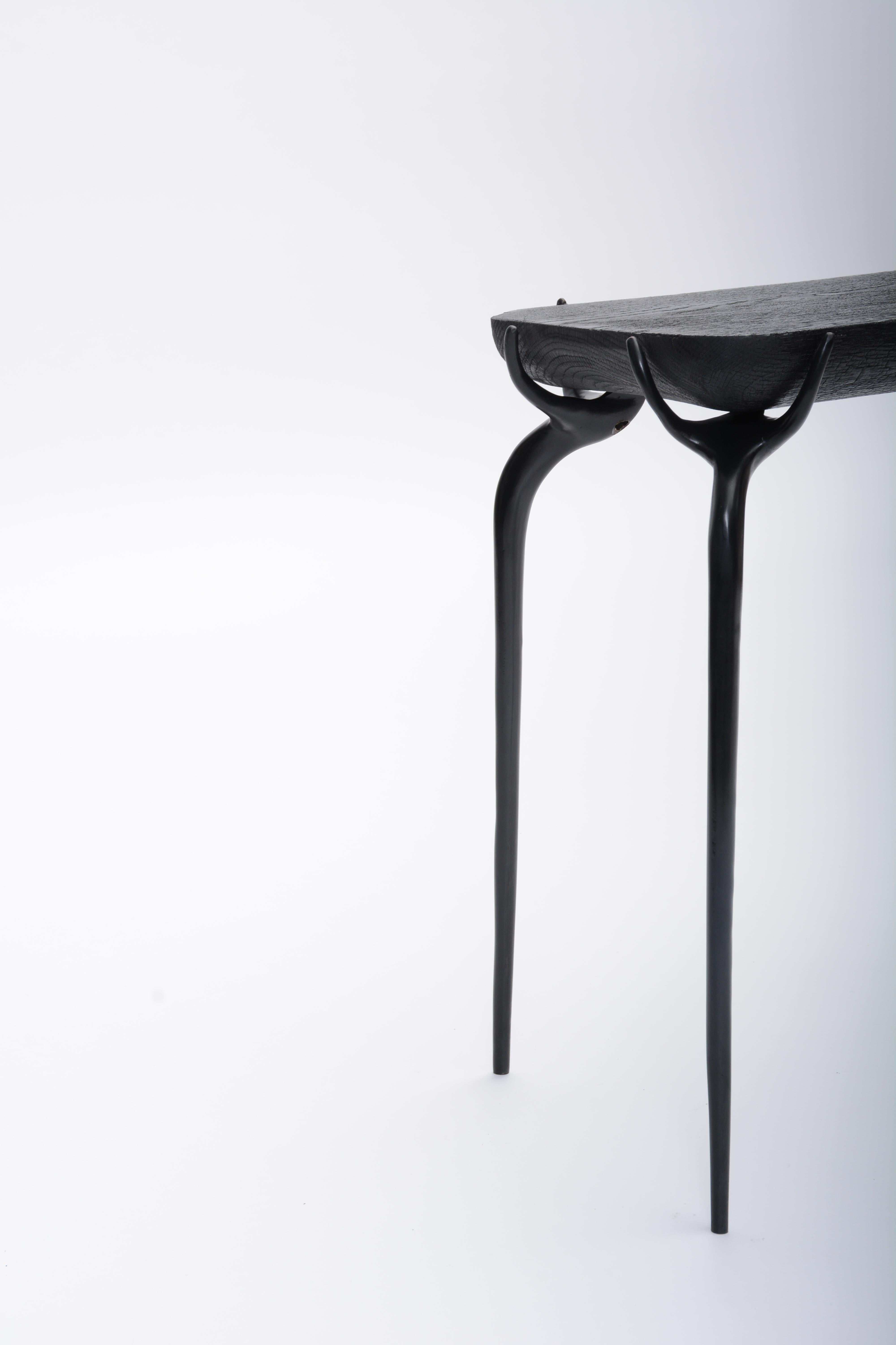 Contemporary Dark Bronze Jewel Side Table with Burnt Black Oak Wooden Top by Elan Atelier For Sale