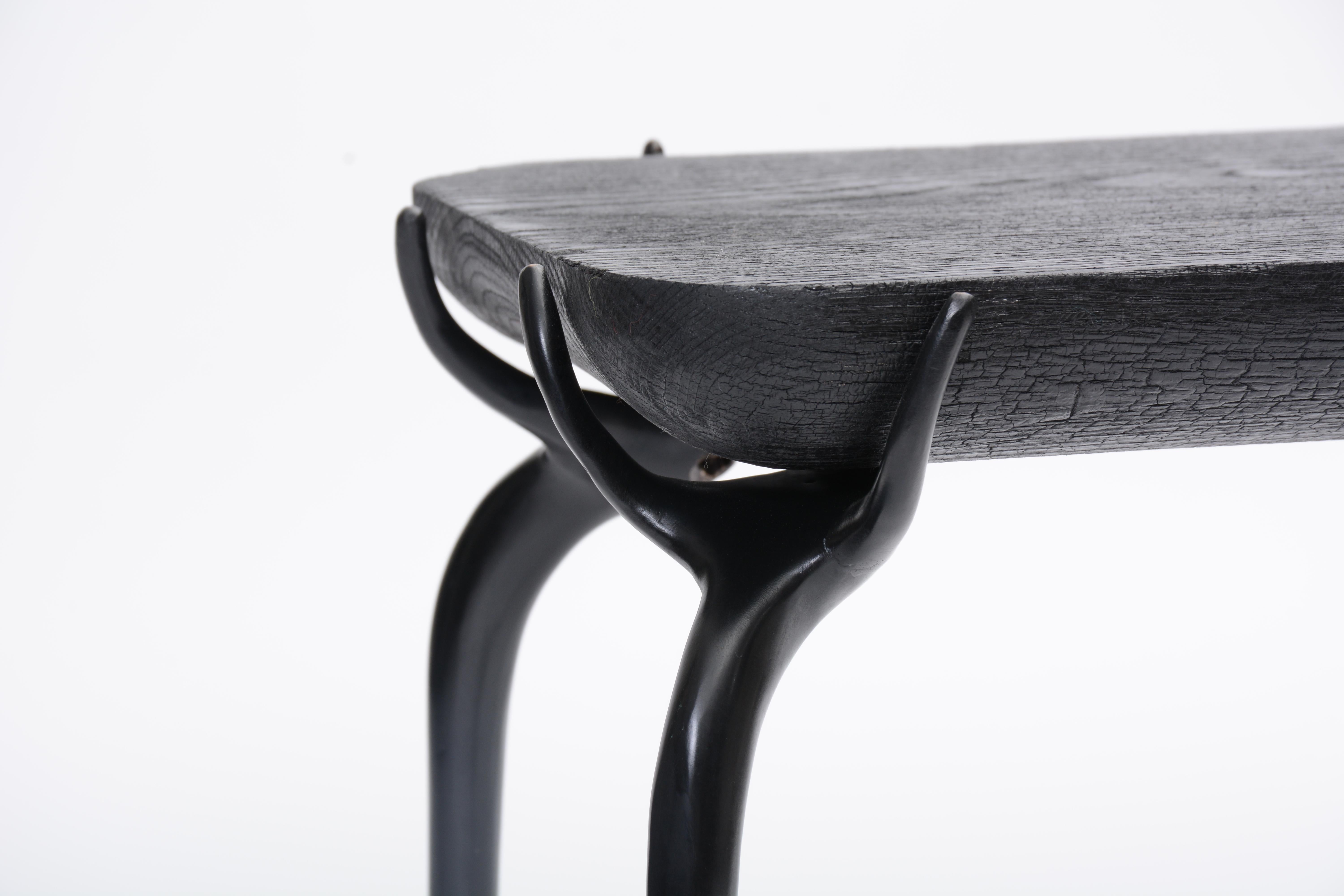 Contemporary Dark Bronze Jewel Side Table with Burnt Oak Top by Elan Atelier (IN STOCK) For Sale