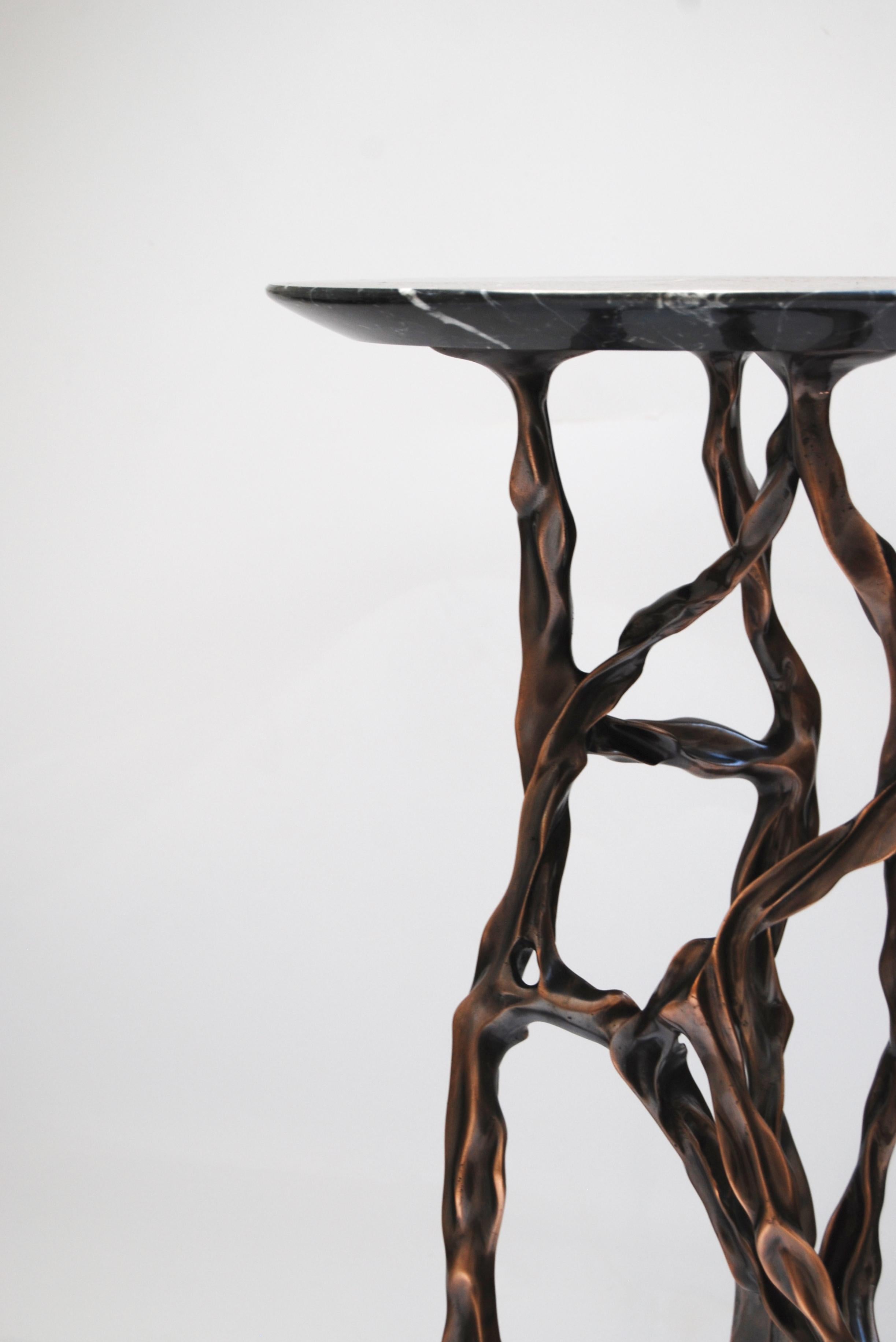 Dark Bronze Side Table with Marquina Marble Top by FAKASAKA Design
Dimensions: W 28 x D 28 x H 62 cm
Materials: Dark bronze, Nero Marquina marble.

