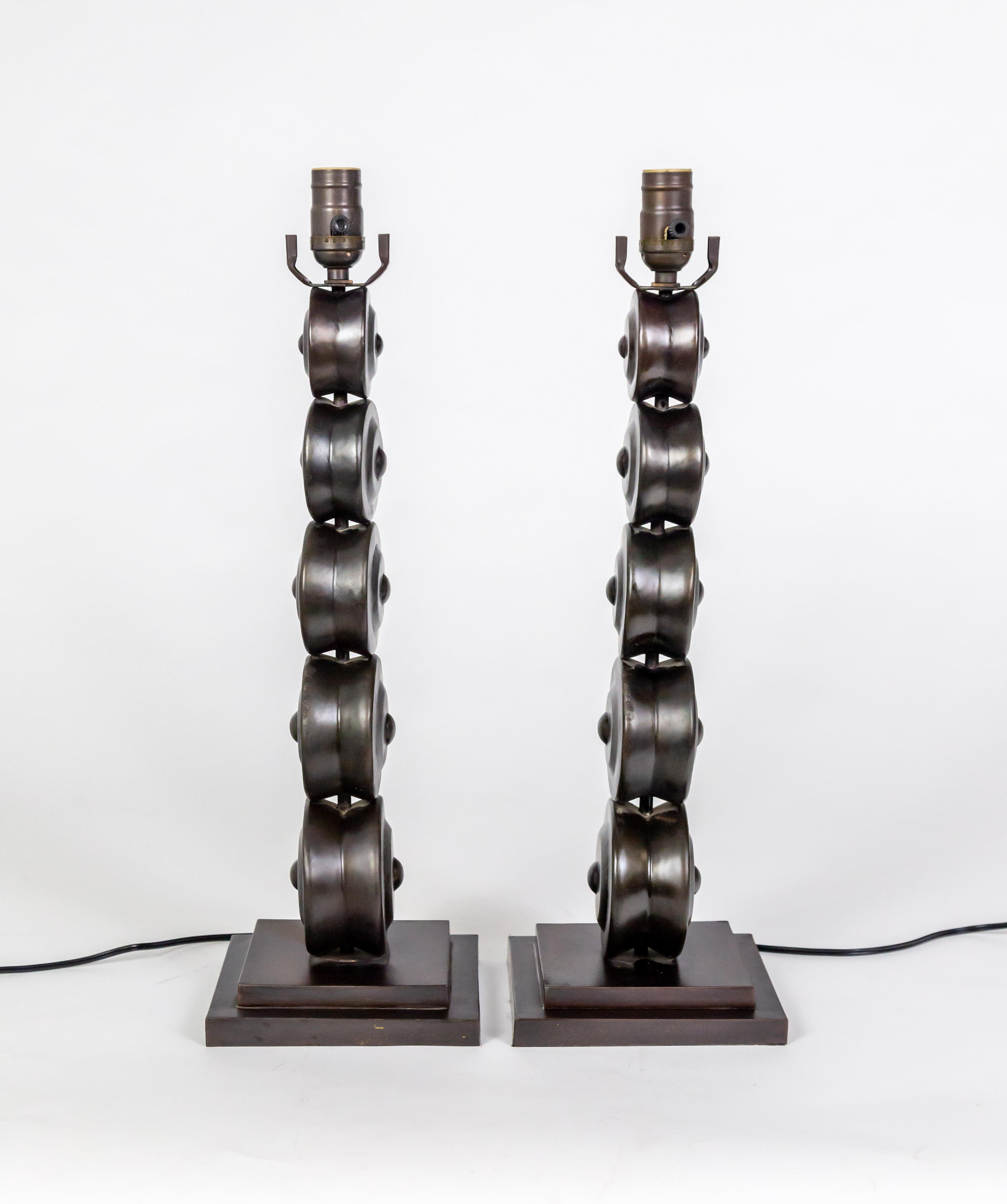 Dark Bronze Stacked Circle Table Lamps (Pair) In Good Condition For Sale In San Francisco, CA