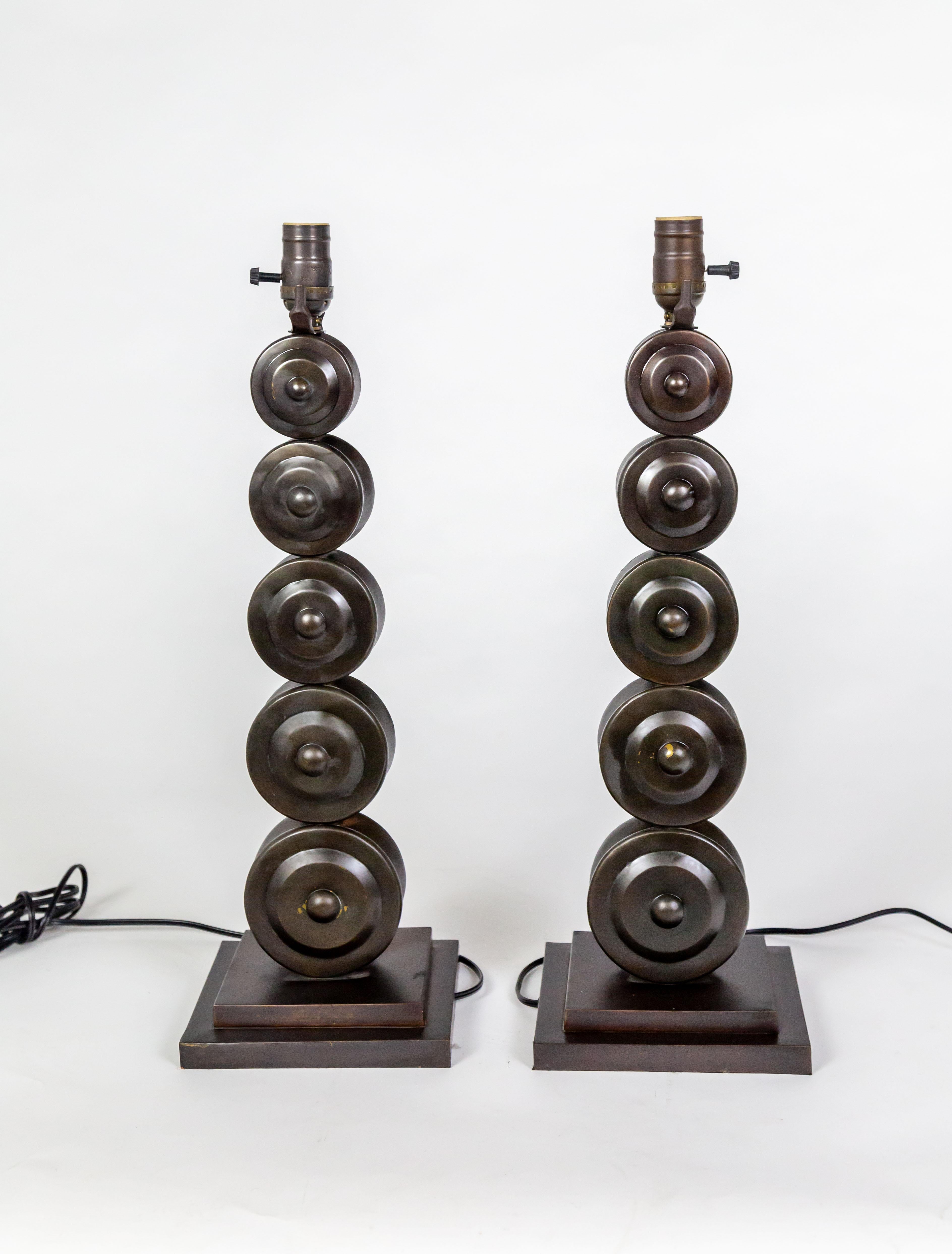 Mid-20th Century Dark Bronze Stacked Circle Table Lamps (Pair) For Sale