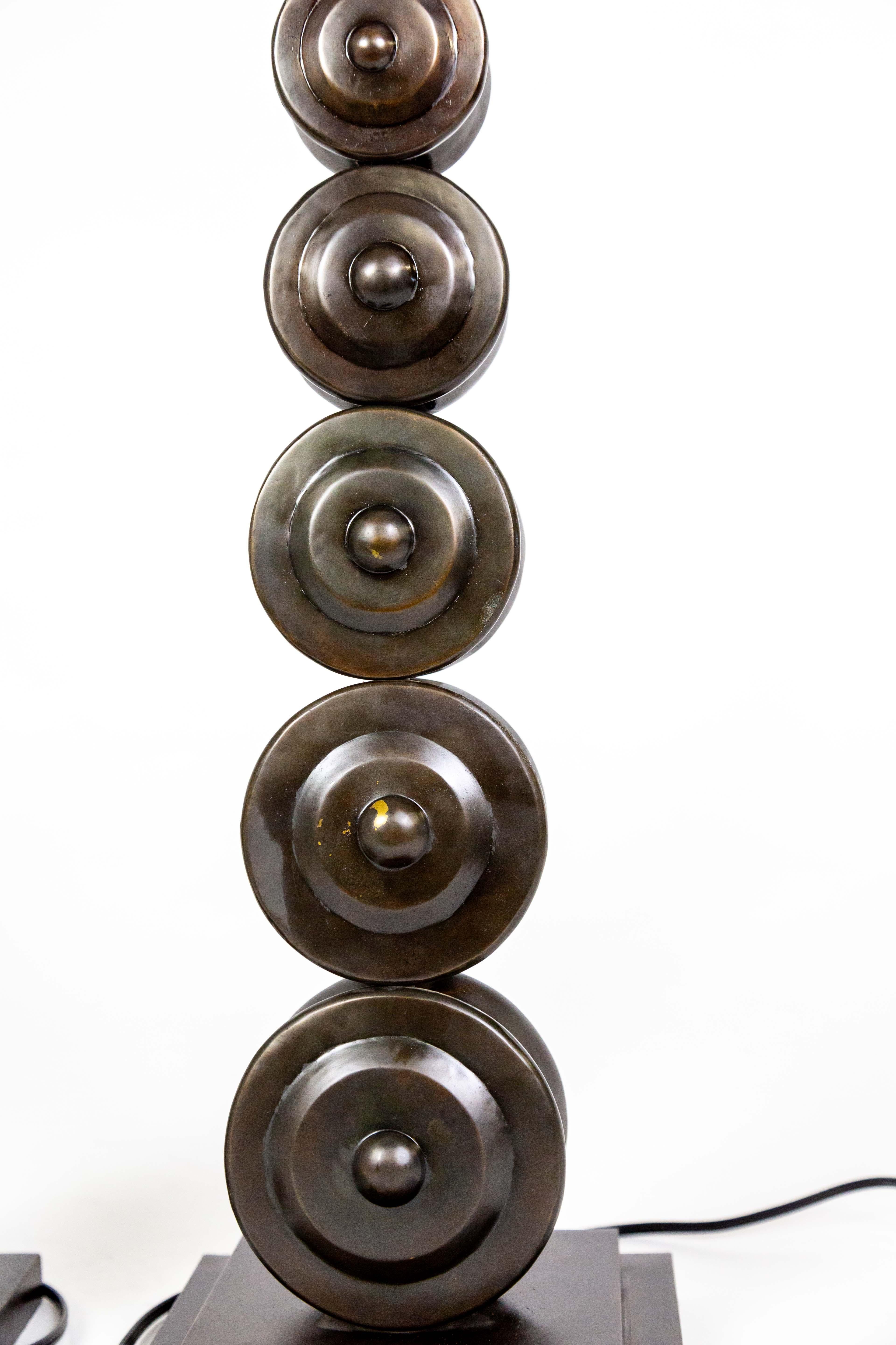 Brass Dark Bronze Stacked Circle Table Lamps (Pair) For Sale