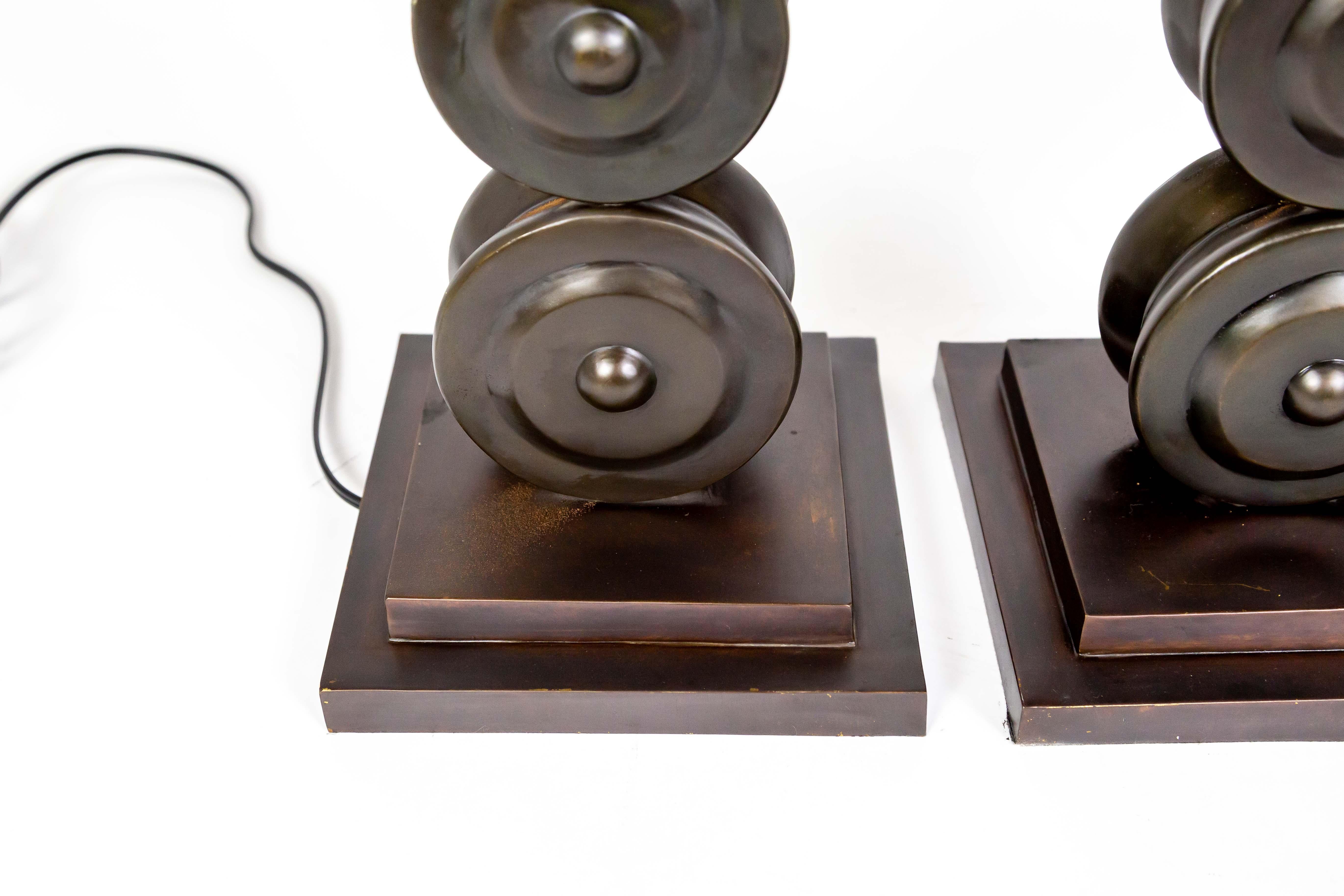 Dark Bronze Stacked Circle Table Lamps (Pair) For Sale 2