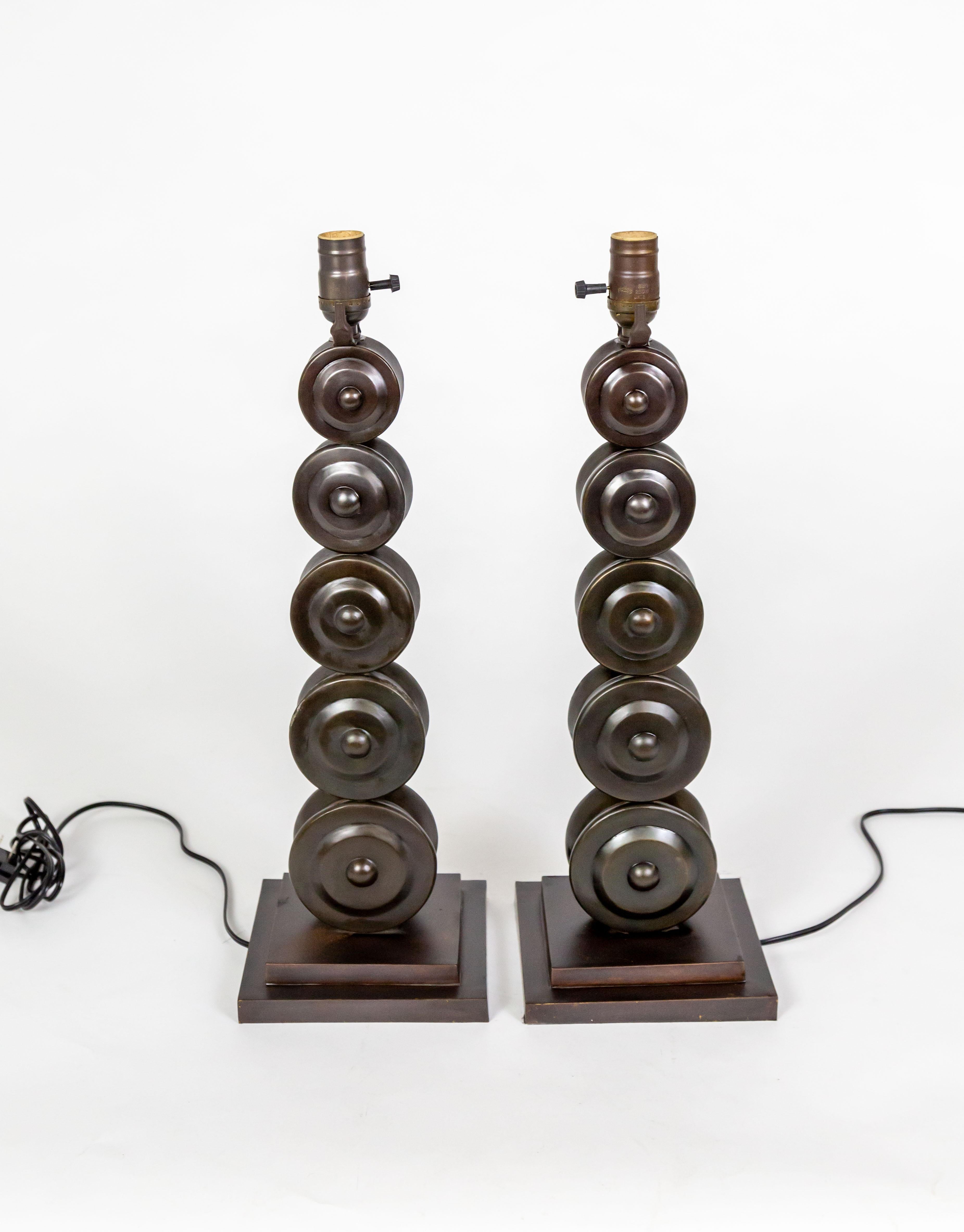 Dark Bronze Stacked Circle Table Lamps (Pair) For Sale 3