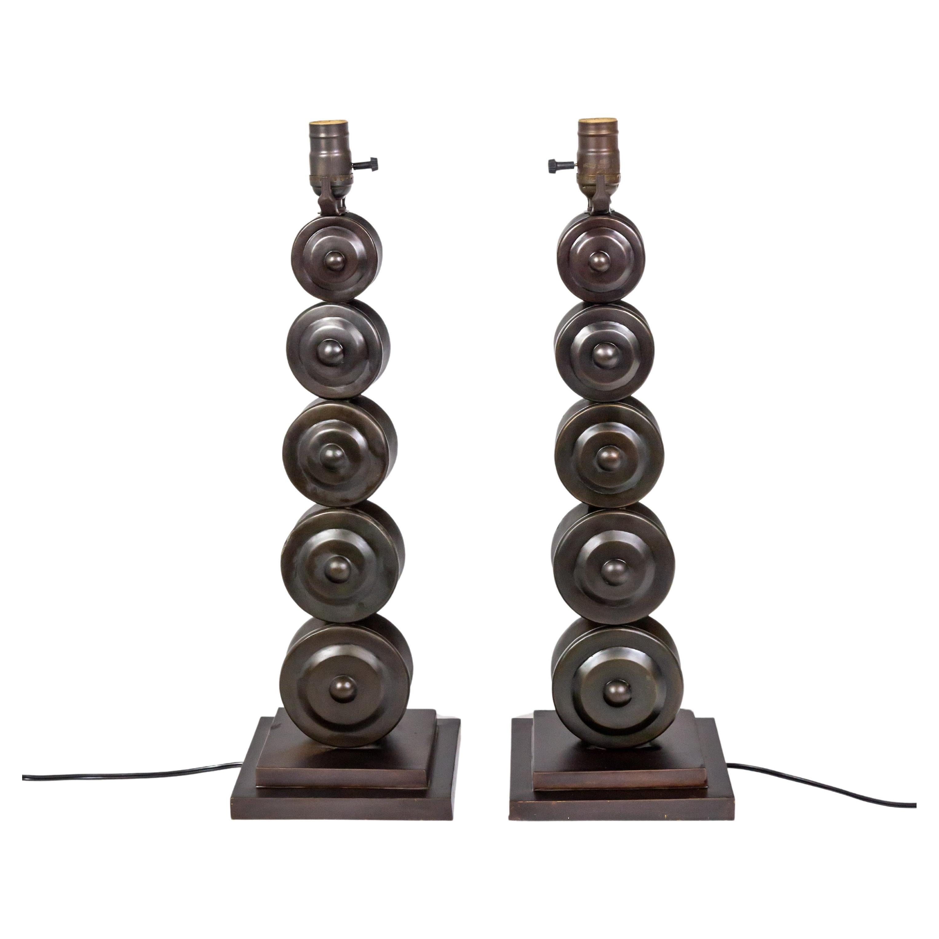 Dark Bronze Stacked Circle Table Lamps (Pair) For Sale