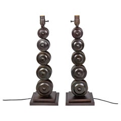 Vintage Dark Bronze Stacked Circle Table Lamps (Pair)