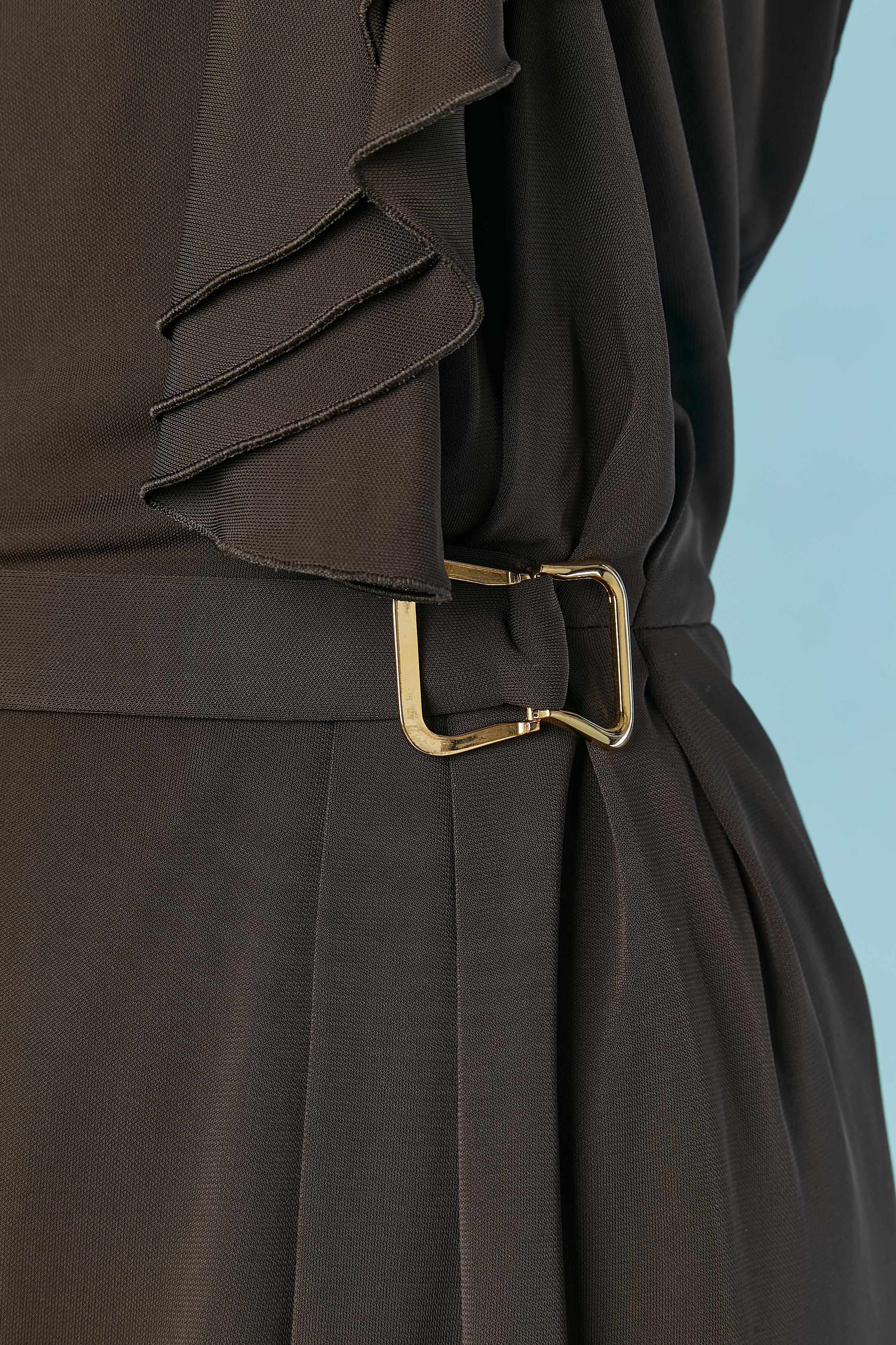 Black Dark brown backless jersey evening dress with ruffles and buckle ESCADA