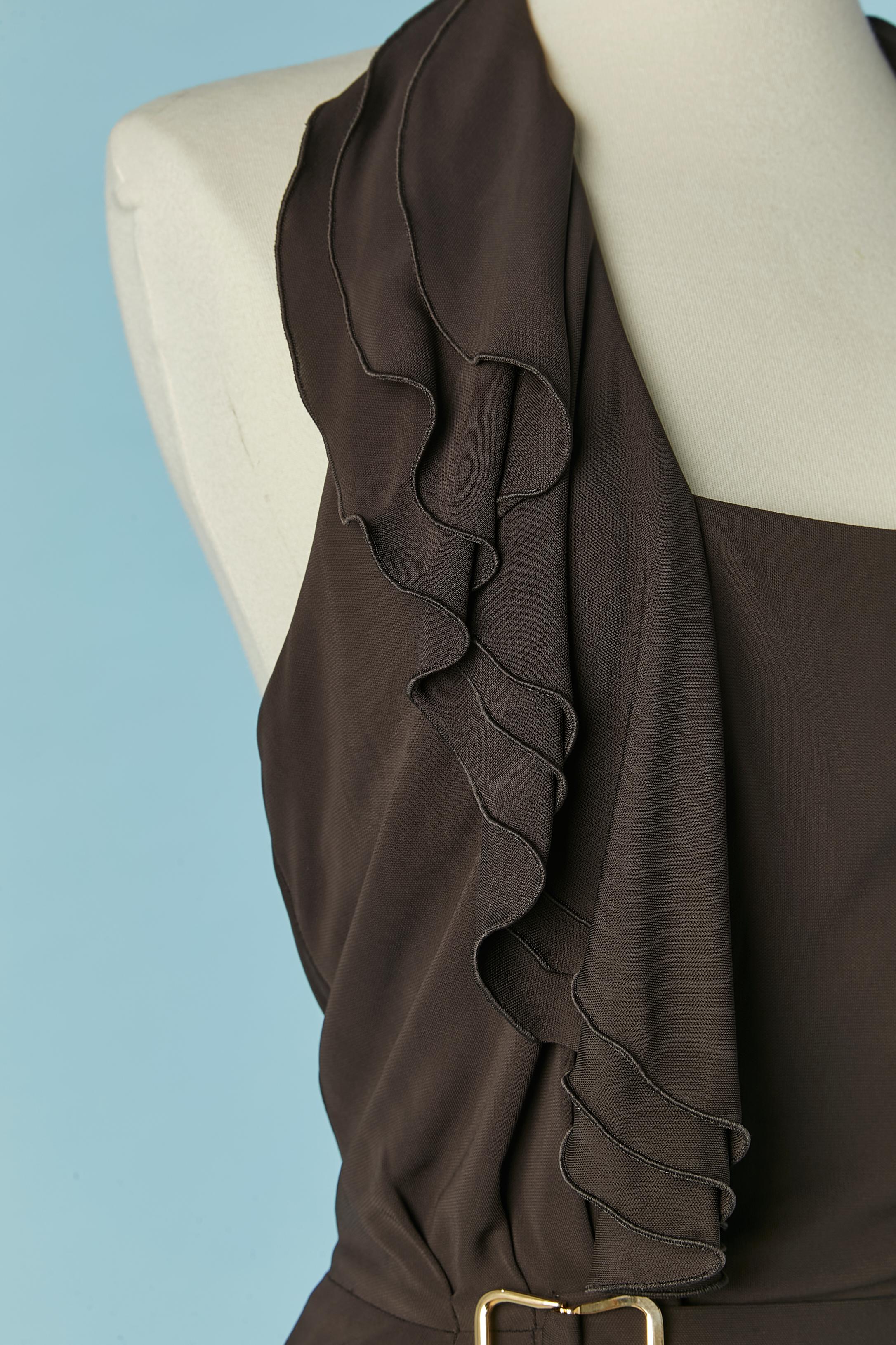Dark brown backless jersey evening dress with ruffles and buckle ESCADA In Excellent Condition In Saint-Ouen-Sur-Seine, FR