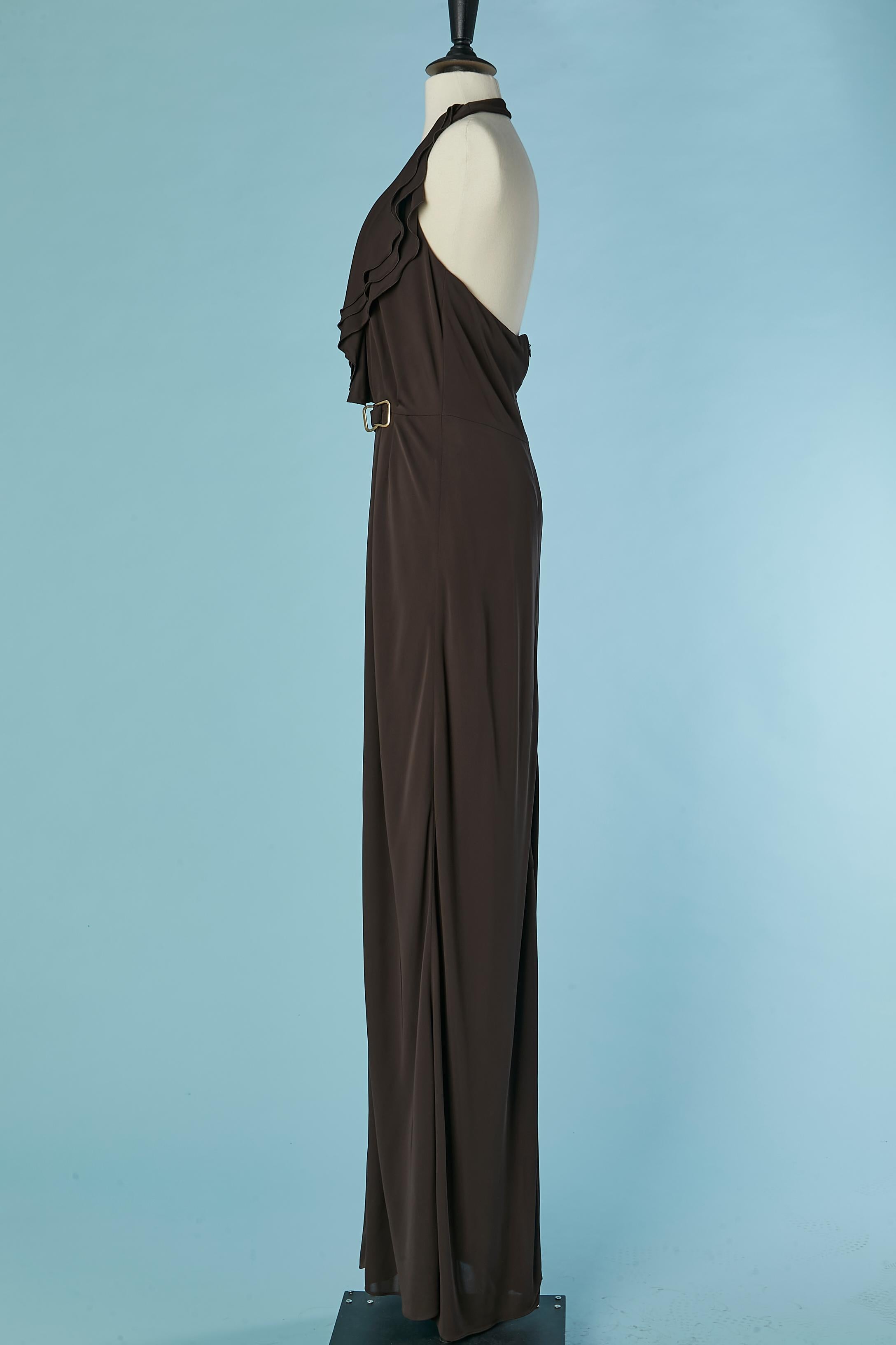Women's Dark brown backless jersey evening dress with ruffles and buckle ESCADA